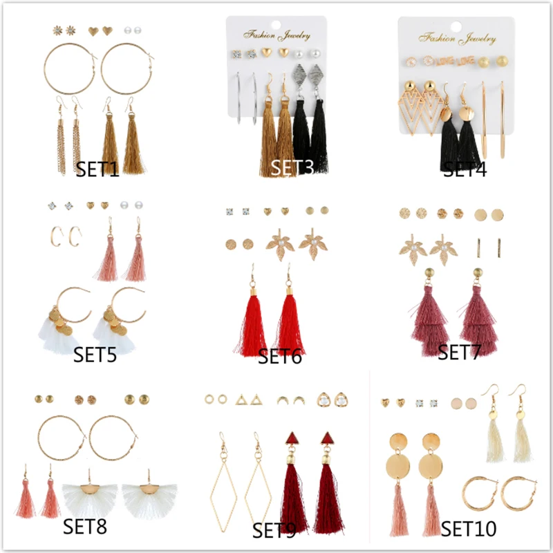 10 Design Trendy Long Tassel Stud Earrings Set for Women Bohemia Gold Flower Leaf Geometric Long Earrings Female Wedding Jewelry
10 Design Trendy Long Tassel Stud Earrings Set for Women Bohemia Gold Flower Leaf Geometric Long Earrings Female Wedding Jewelry