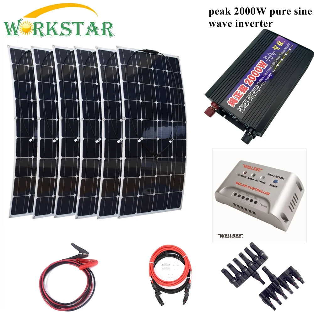 6*100W Flexible Solar Panels+Peak 2000W Inverter+MPPT 30A Controller Houseuse 600W Solar System Kits Solar Chrager Modules
6*100W Flexible Solar Panels+Peak 2000W Inverter+MPPT 30A Controller Houseuse 600W Solar System Kits Solar Chrager Modules