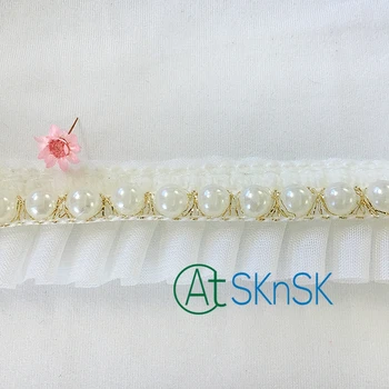 

4.5CM Width Crocheted White Folded Lace Ribbons White Pearl Gold Tread Beading Lace Trims for Garment Sewing Appliques 1Yard