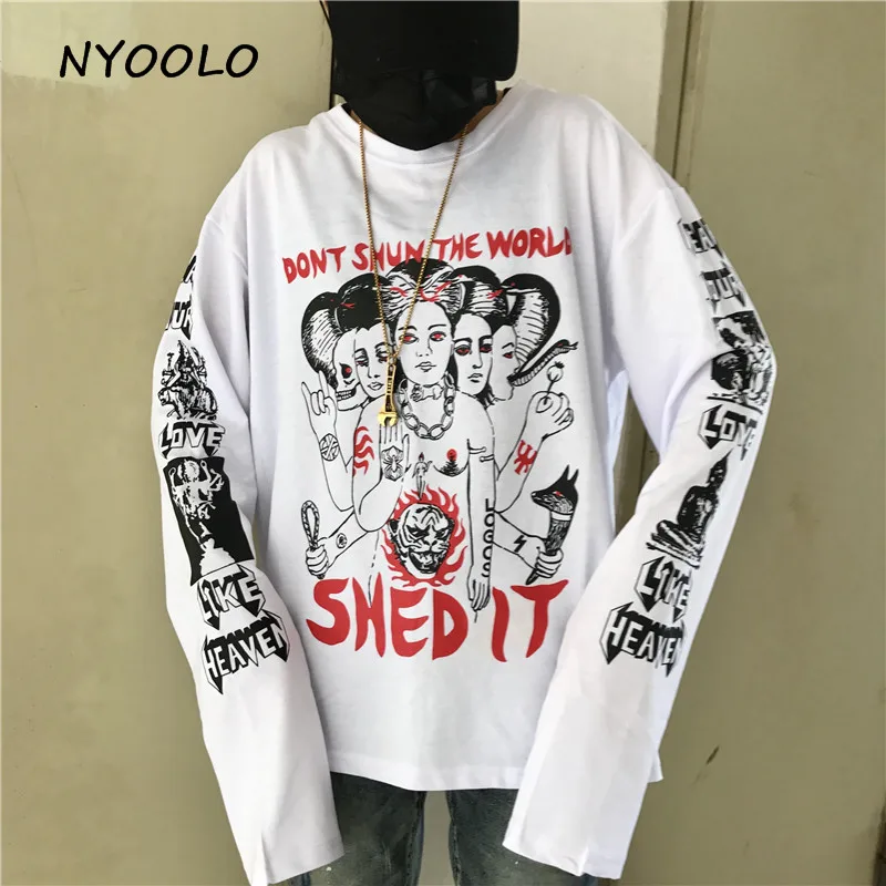 NYOOLO Autumn Harajuku Spoof graffiti letters printed tops tee Loose long sleeve T-shirt for men and women clothing streetwear
NYOOLO Autumn Harajuku Spoof graffiti letters printed tops tee Loose long sleeve T-shirt for men and women clothing streetwear
