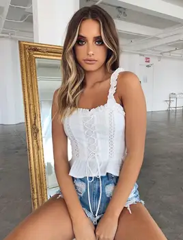 

2019 Women Sleeveless Criss-Cross Bandage Crop Tops Vintage Ruffles Hollow Ruched Frilly Camis Lace Up Bow Knot Vest Camisole