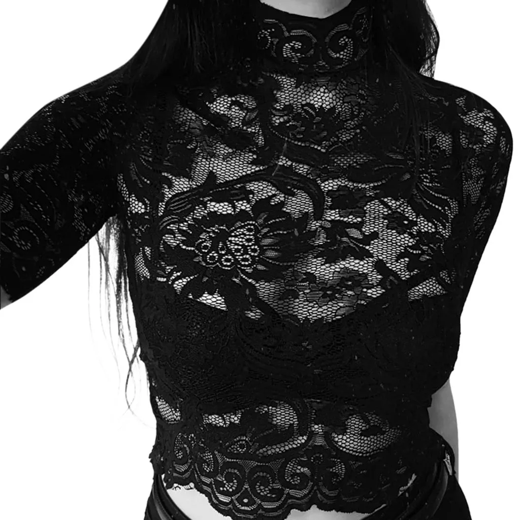 Black lace T-shirts Mesh Hollow Out Turtleneck Crop Top Gothic Sexy Eyelet Backless Transparent Patchwork Long Sleeve T-shirt
Black lace T-shirts Mesh Hollow Out Turtleneck Crop Top Gothic Sexy Eyelet Backless Transparent Patchwork Long Sleeve T-shirt