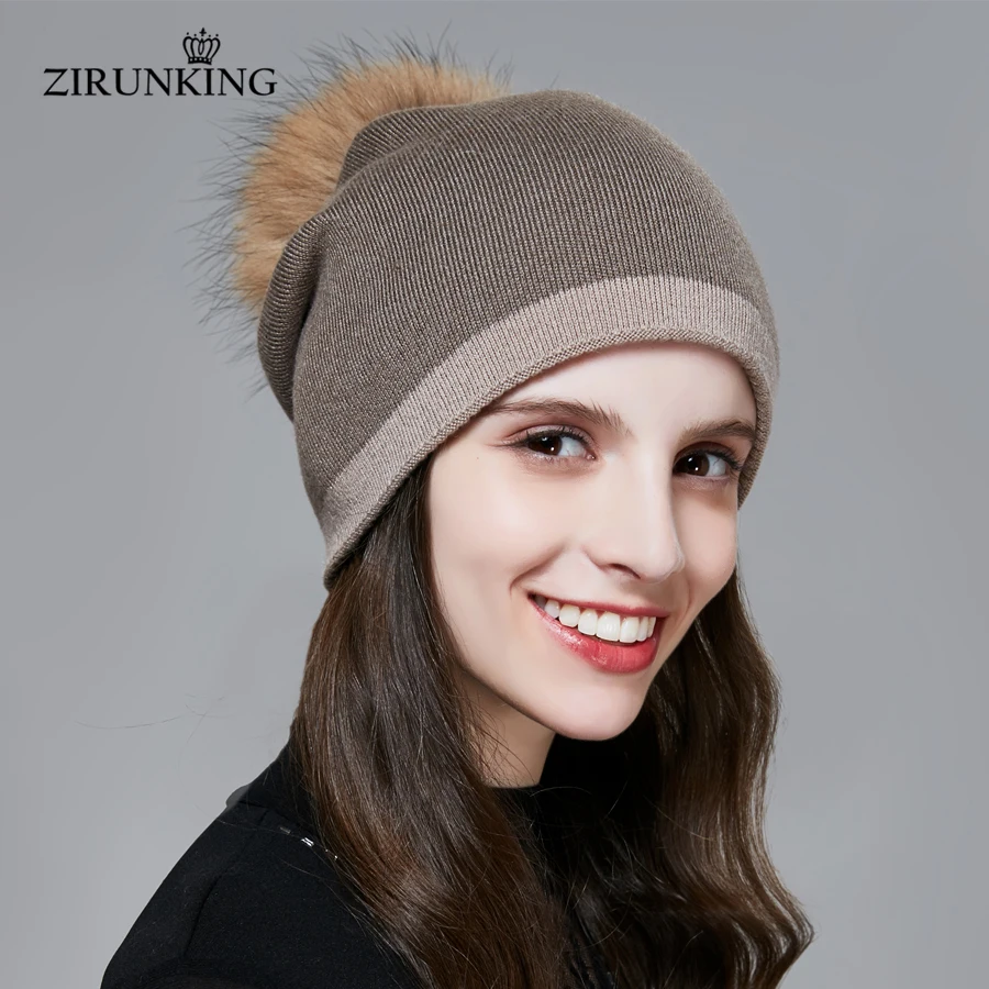 

ZIRUNKING Women New Pompoms Hats Winter Warm Wool Beanies Real Raccoon Fur Top Caps High Quality Casual Fashion Hat ZH1702