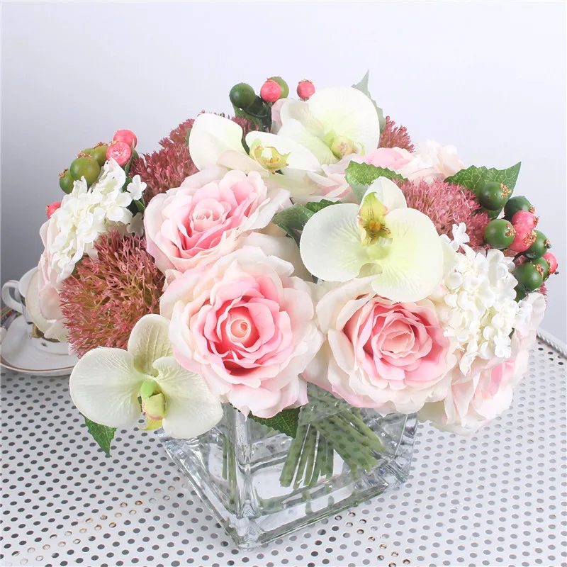 

1 Set mix hydrangea orchid silk artificial roses bridal bouquet DIY wedding home table room decor fake peony flores artificiales