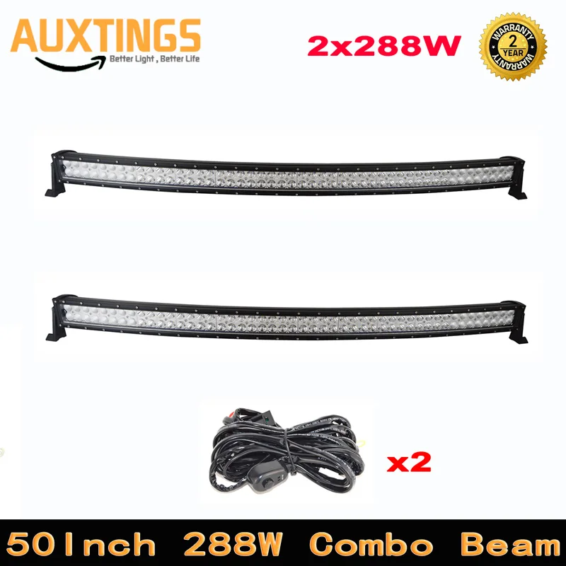 

2pcs 50inch 288W Curved offroad LED work light bar 288w combo beam driving light for 4X4 4WD Truck ATV SUV +Wiring harness Kit