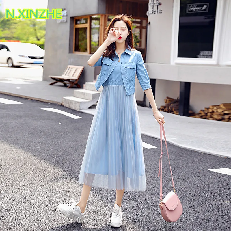 2019 women clothing sets 3/4 sleeve short shirt + mesh spliced strap dress 2 pieces Female sweet fashion slim denim suits 6990
2019 women clothing sets 3/4 sleeve short shirt + mesh spliced strap dress 2 pieces Female sweet fashion slim denim suits 6990