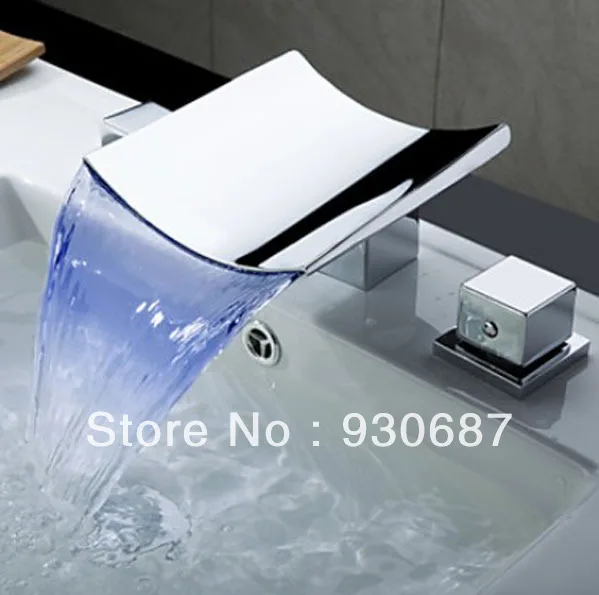 LED Color Changing Bathroom Vessel Sink Faucet Dual Handle Mixer Countertop Chrome Finish