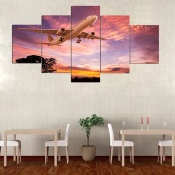 

5 Pieces Prints Art Airplane Flying with Sunset Clouds Canvas Paintings Decoration For Home Wall Decorative Poster Drop Ship