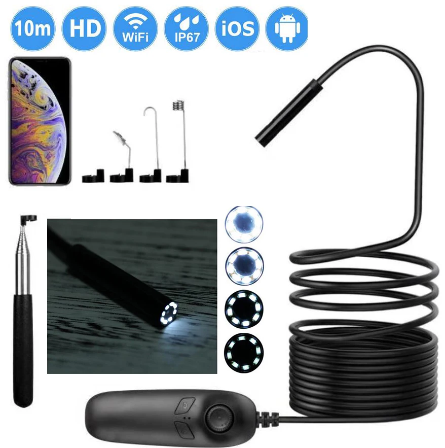 

1200P Semi-rigid Wireless Endoscope Camera 2.0 MP HD IP68 Waterproof 8 LED Light Wifi Inspection Camera For Android and iOS