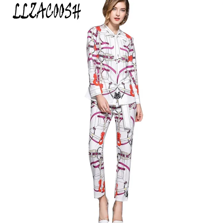 Runway Spring Autumn Women 2 Piece Set 2018 New Long Sleeve Bow Printed Floral Blouse + Slim Sashes Pencil Trousers Pant Suits
Runway Spring Autumn Women 2 Piece Set 2018 New Long Sleeve Bow Printed Floral Blouse + Slim Sashes Pencil Trousers Pant Suits