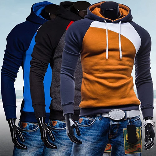 

items! Men Spring Warm Hoody Ourdoor Slim Fit Splicing Color String Casual Pullover Top