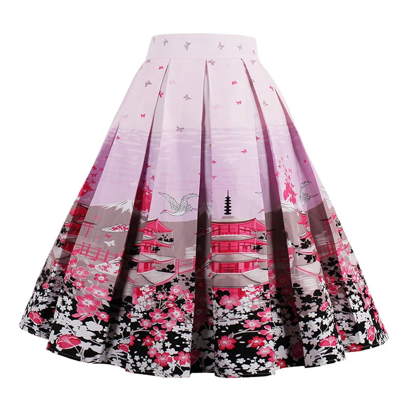 Kostlish Retro Print Flower Summer Skirts Womens 2017 High Waist Vintage Skirt Elegant A-Line Midi Women Skirt Plus Size XXL 22 (12)