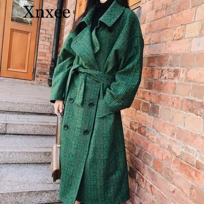 

Xnxee 2019 Fashion Autumn Double Breasted Notch Casual Loose Big Size Long Type Green Plaid Women Woolen Coat