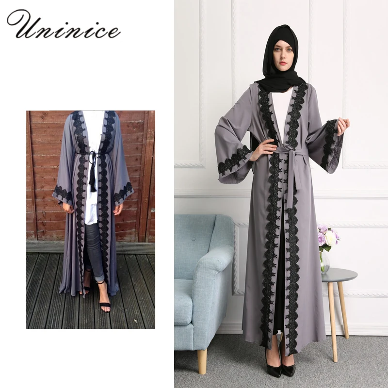 Muslim Women Lace Abaya Dress Cardigans Robe Ramadan Maxi Gown Arab Caftan Dubai Instant Hijab Vestido Islamic Prayer Costume |