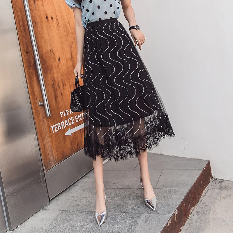 New 2019 Spring Summer Women's Skirt Elegant Ladies Mesh Pleated Skirts Casual Cute Mid-Calf S-3XL 4 Colors | Женская одежда
