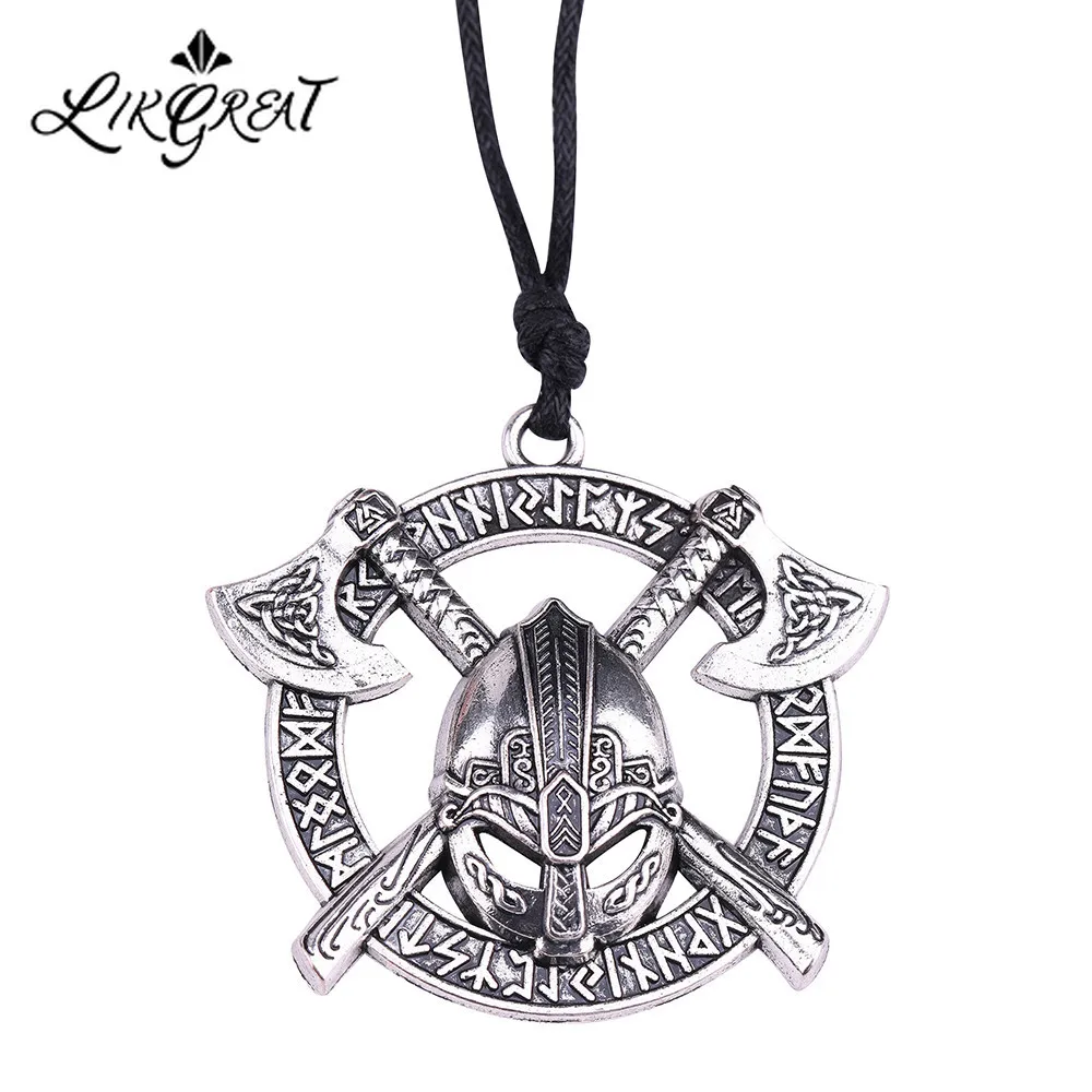 

LIKGREAT Hammer of Thor Mask Necklace Men Male Viking Axe Helmet Pendant Necklace Odin Runes Celtics Knot Amulet Jewelry Gift