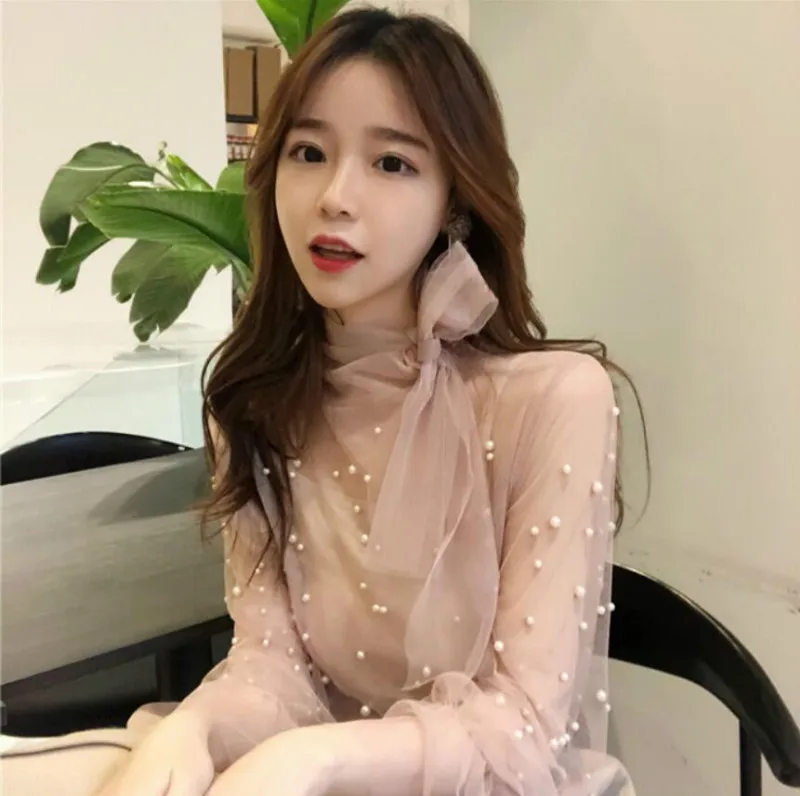 Spring with long Shattered Sleeve Bow Tie Mesh Blouses spicy transparent mesh Shirts Bear work pearl mesh bow Tops
Spring with long Shattered Sleeve Bow Tie Mesh Blouses spicy transparent mesh Shirts Bear work pearl mesh bow Tops