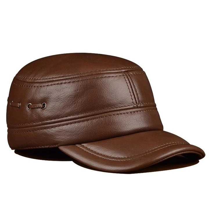 Elegant Genuine Leather Hat Autumn Winter Warm Cowhide Military Hats For Men Women High Quality Brands Flat Cap H724 | Аксессуары для