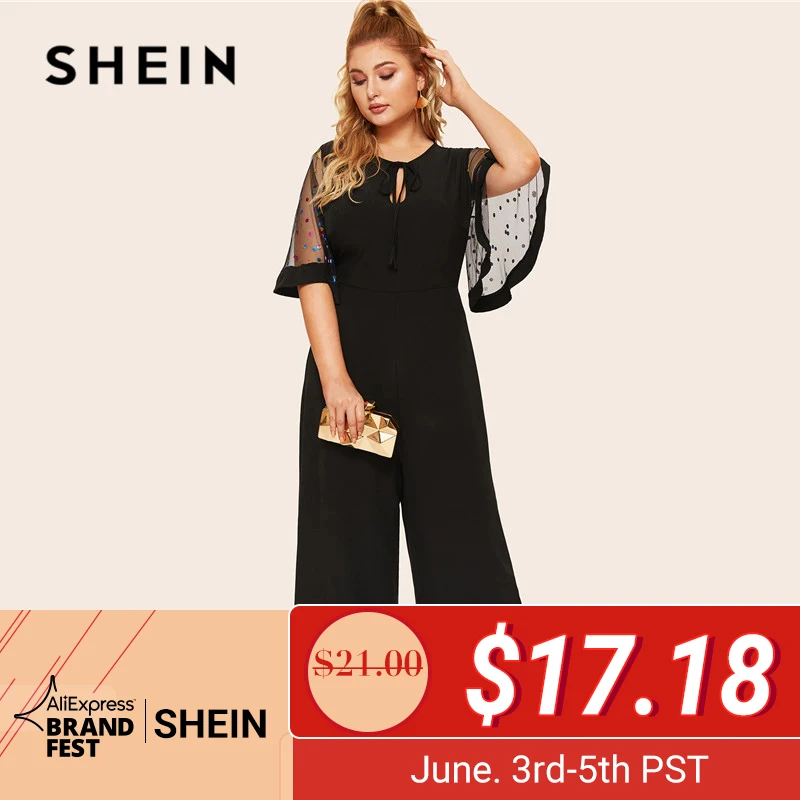 SHEIN Plus Size Black Tie Neck Sequin Mesh Flutter Sleeve Wide Leg Jumpsuit Women Spring Solid Half Flounce Sleeve Jumpsuits
SHEIN Plus Size Black Tie Neck Sequin Mesh Flutter Sleeve Wide Leg Jumpsuit Women Spring Solid Half Flounce Sleeve Jumpsuits