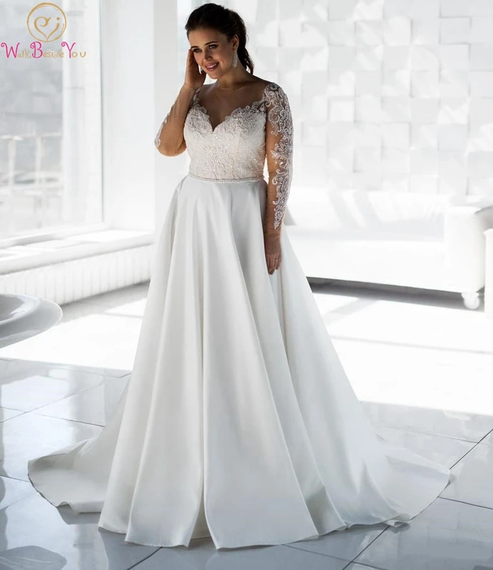 Luxury Wedding Dress O-neck Buttons And Lace-up Back A-line Satin Appliques Full Sleeves Sweep Train Beads Plus Size Bridal Gown
Luxury Wedding Dress O-neck Buttons And Lace-up Back A-line Satin Appliques Full Sleeves Sweep Train Beads Plus Size Bridal Gown
