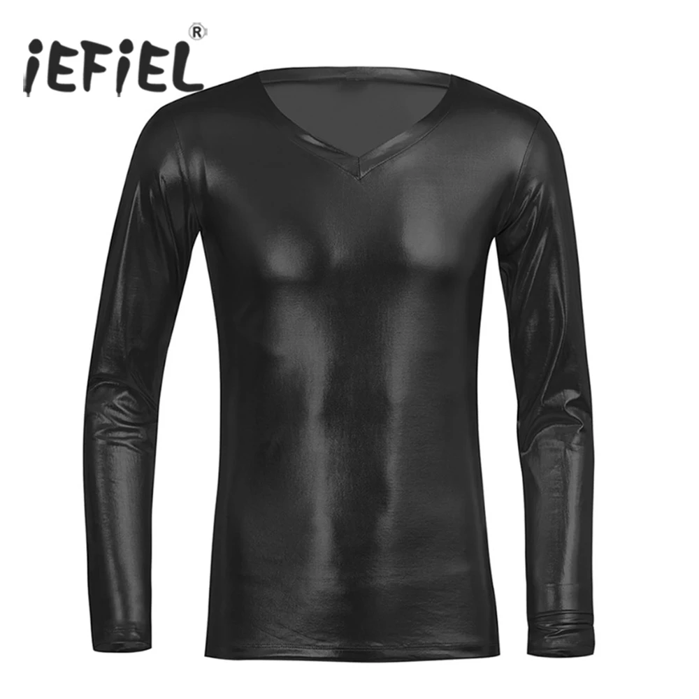 iEFiEL Mens Long Sleeves V-Neck Wetlook Faux Leather Soft T-Shirt Clubwear Long Tops Fashion Men Club Party Costumes Clothing
iEFiEL Mens Long Sleeves V-Neck Wetlook Faux Leather Soft T-Shirt Clubwear Long Tops Fashion Men Club Party Costumes Clothing