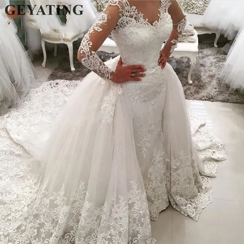 Luxury Lace Long Sleeve Mermaid Wedding Dress with Detachable Skirt Backless Court Train Saudi Arabia Bridal Wedding Gowns Dubai
Luxury Lace Long Sleeve Mermaid Wedding Dress with Detachable Skirt Backless Court Train Saudi Arabia Bridal Wedding Gowns Dubai