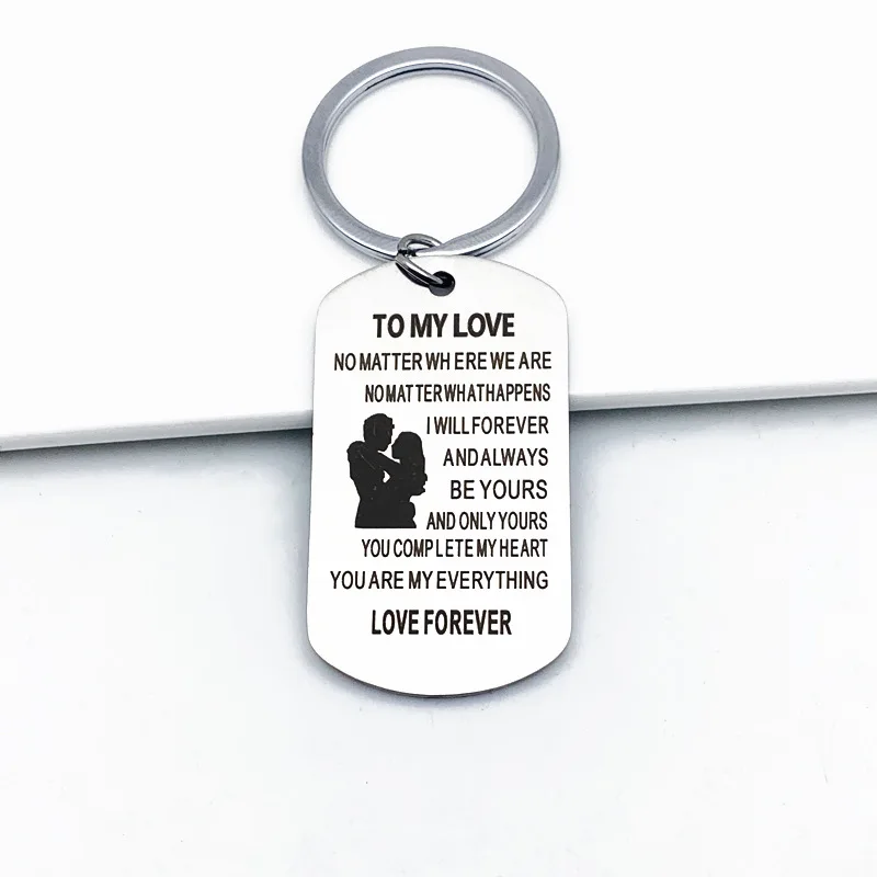 Fashion Couple Jewelry Stainless Dog Tag Keychain TO MY LOVE NO MATTER WHERE keyring For Wife Husband Boyfriend Valentine Gift
Fashion Couple Jewelry Stainless Dog Tag Keychain TO MY LOVE NO MATTER WHERE keyring For Wife Husband Boyfriend Valentine Gift