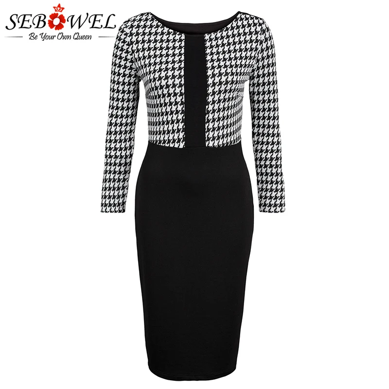 Black-Houndstooth-Patchwork-Pencil-Midi-Dress-LC220538-2-3