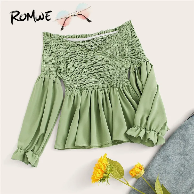 

ROMWE Green Off Shoulder Ruffle Hem Frill Shirred Blouses Women Burgundy Lantern Long Sleeve Beach Style Peplum Blouse Tops