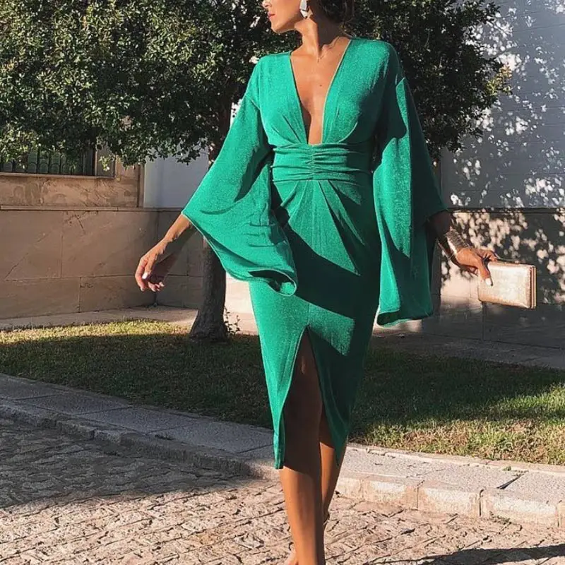 Sexy Deeo V Neck Green Party Women Dresses Flare Sleeve High Waist Split Solid Ladies Dress 2019 Fashion Summer Vestido Female
Sexy Deeo V Neck Green Party Women Dresses Flare Sleeve High Waist Split Solid Ladies Dress 2019 Fashion Summer Vestido Female