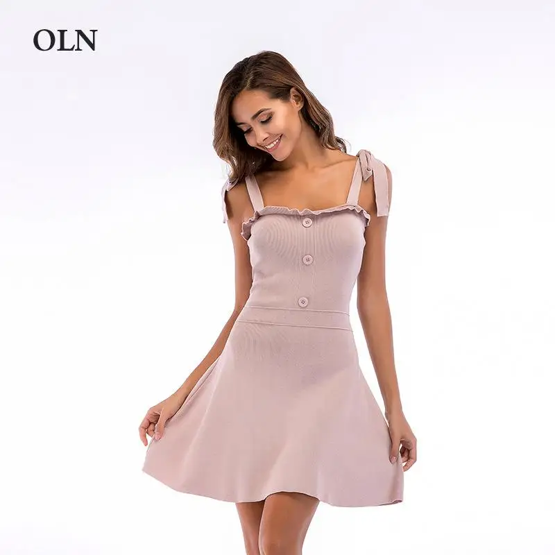 Women Summer Elegant Dresses Sexy Spaghetti Straps With Bow Tie Button Big Swing Knit Dress Evening Party Dress
Women Summer Elegant Dresses Sexy Spaghetti Straps With Bow Tie Button Big Swing Knit Dress Evening Party Dress