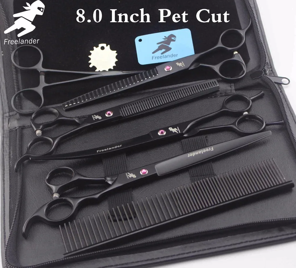 8 "Professional pet grooming kit, direct and thinning scissors and curved pieces 4 pieces. black scissors set
8 "Professional pet grooming kit, direct and thinning scissors and curved pieces 4 pieces. black scissors set