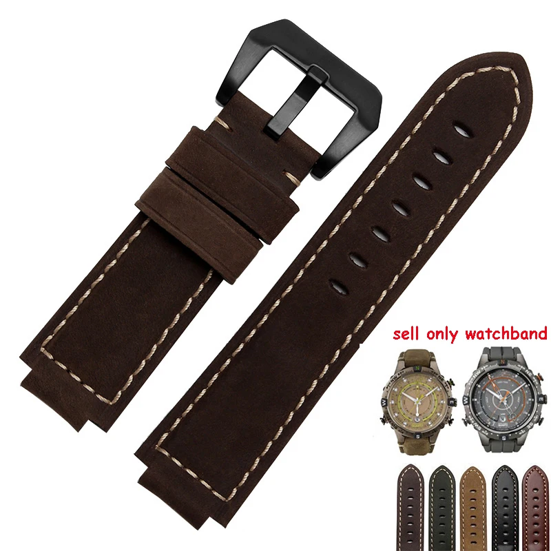 

24*16mm Genuine Leather Watch band Black Smooth Belt Brown Nubuck Leather Replacement Strap For Timex T2N739 T2N721 720