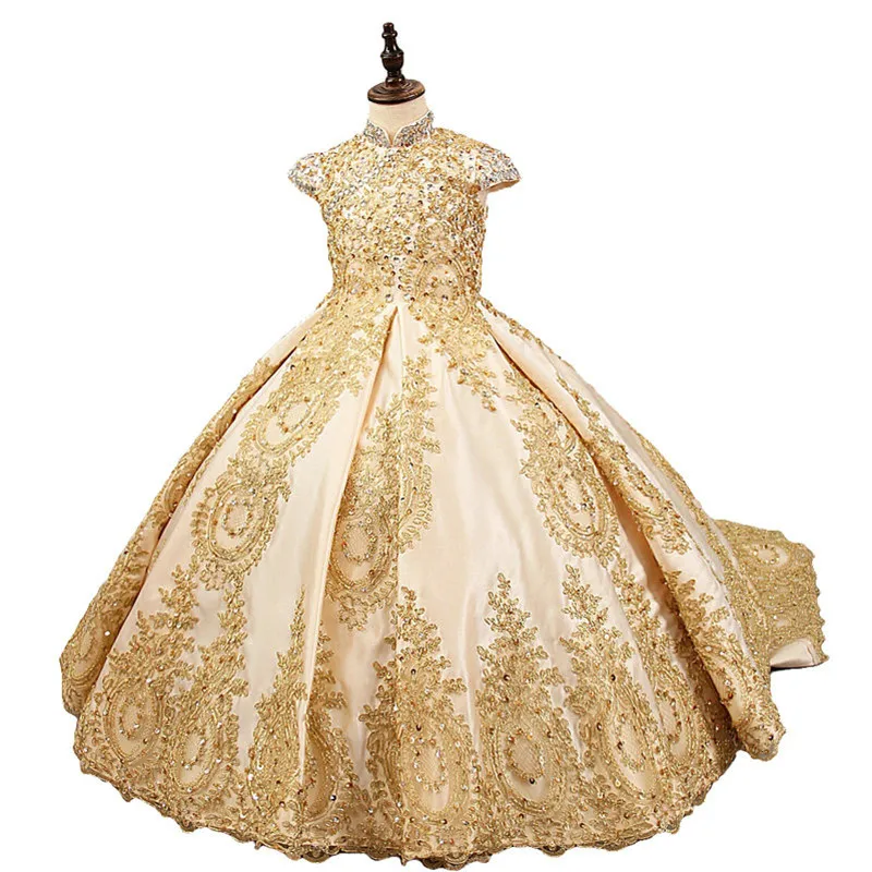 Роскошные платья принцессы с цветочным узором для девочек на свадьбу золотые