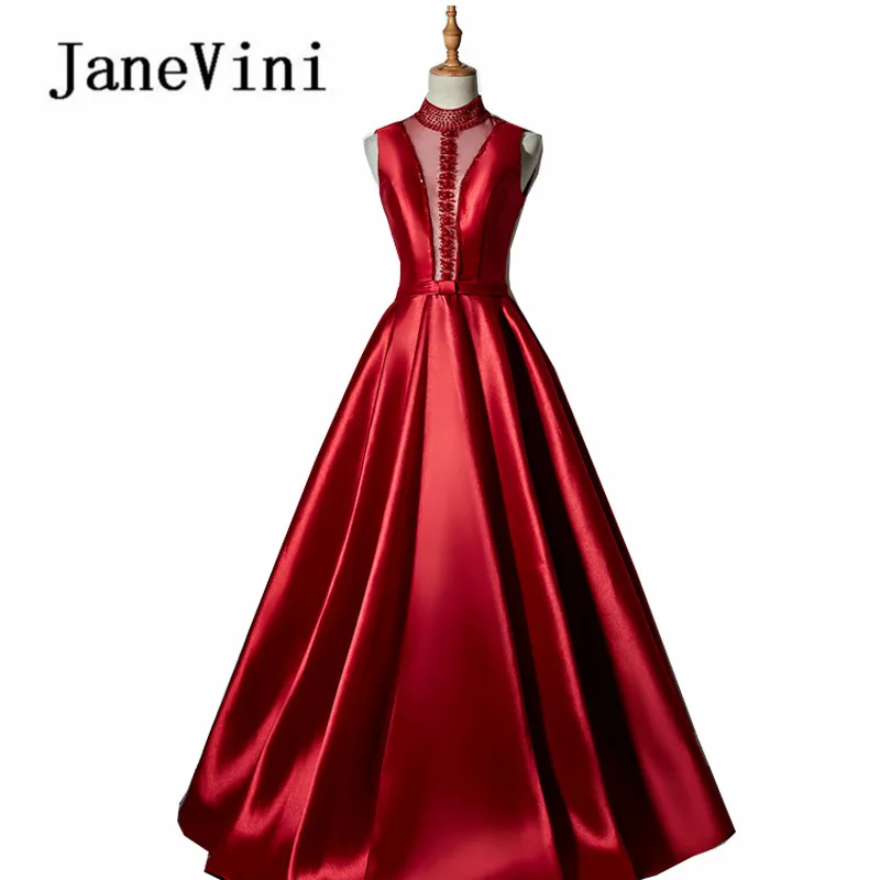 Фото JaneVini 2018 Red Beading Long Bridesmaid Dresses A-Line High Neck Sleeveless Floor Length Plus Size Wedding Guest Dress Formal | Свадьбы и