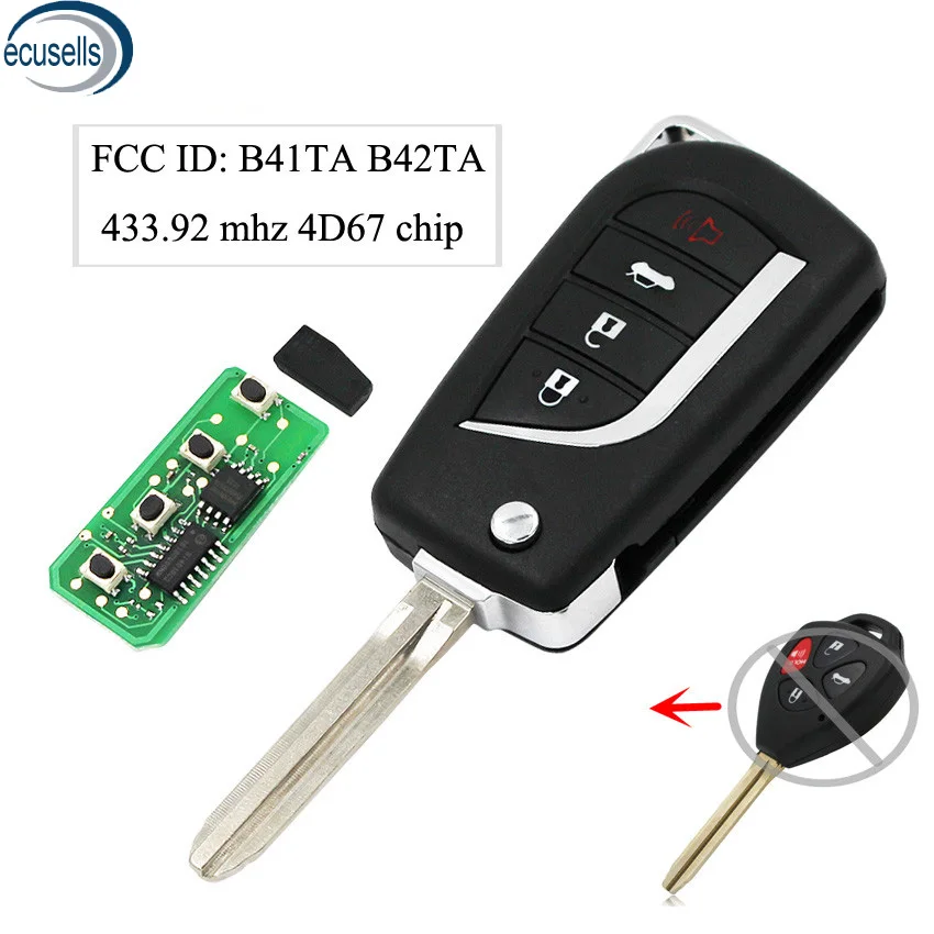 Upgrated Flip Remote Key FOB for Toyota Camry Corolla Hilux 4 Buttons 4D67 Chip 433.92mhz FCC ID : B41TA B42TA
Upgrated Flip Remote Key FOB for Toyota Camry Corolla Hilux 4 Buttons 4D67 Chip 433.92mhz FCC ID : B41TA B42TA