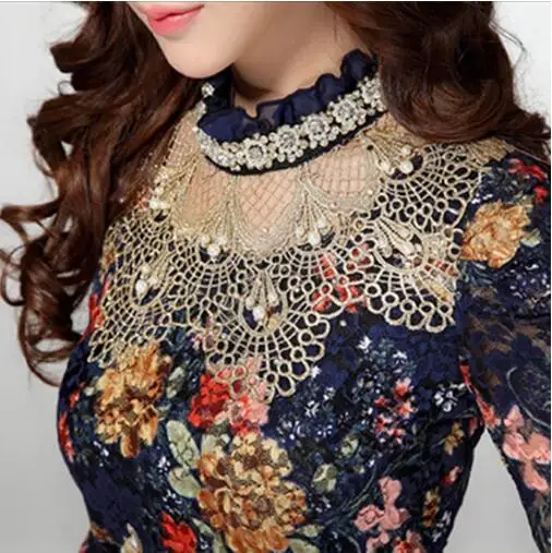 

2018 Women Floral Lace Mori girl blouse Diamond beaded lace shirt women clothes camisa crochet ropa mujer blusa social feminina