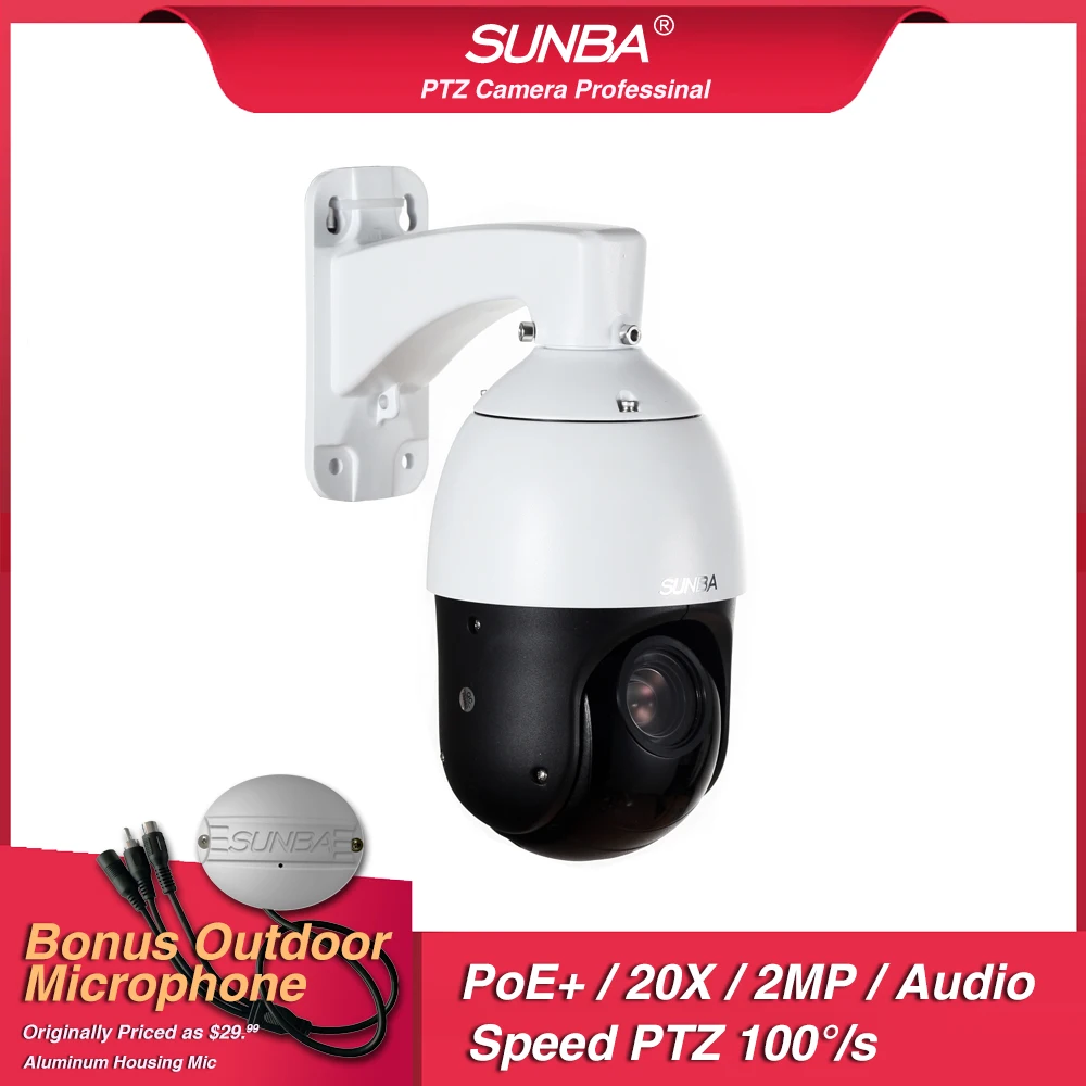 SUNBA Mini PoE+IP Camera outdoor, Speed PTZ Security Dome 1080p, 20X Optical Zoom, Night Vision, Auto-Focus, ONVIF Compliant
SUNBA Mini PoE+IP Camera outdoor, Speed PTZ Security Dome 1080p, 20X Optical Zoom, Night Vision, Auto-Focus, ONVIF Compliant