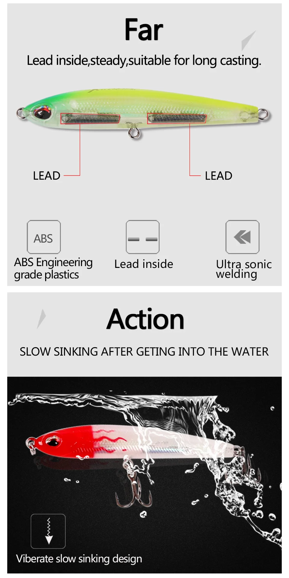 Kingdom Fishing Lures Slow Sinking Pencilm,Minnow Bait Size 70mm 8g,40mm 4g Lead Inside Wobblers Hard Lure model 4503 (3)