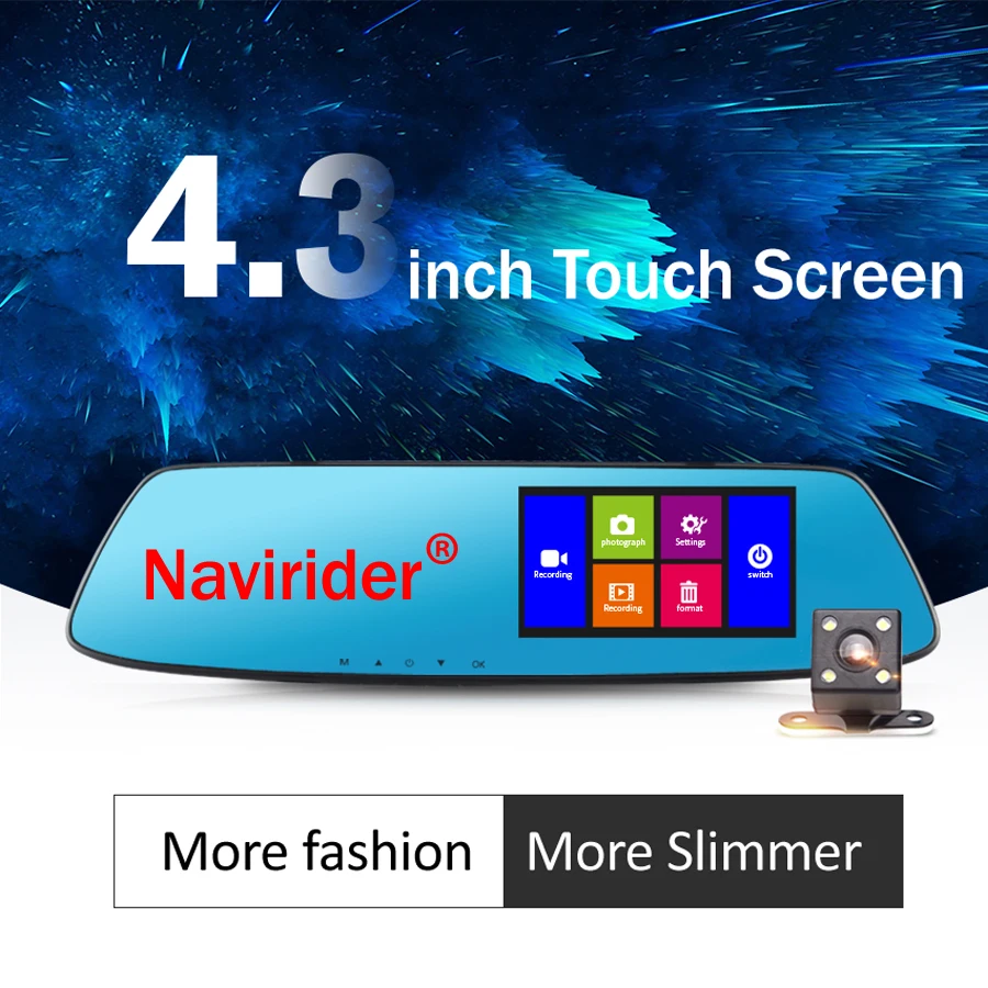 Navirider car rearview mirror 1080P HD multi-language double-lens wide-angle recording DVR camera auto cam 4.3inch touch screen
Navirider car rearview mirror 1080P HD multi-language double-lens wide-angle recording DVR camera auto cam 4.3inch touch screen