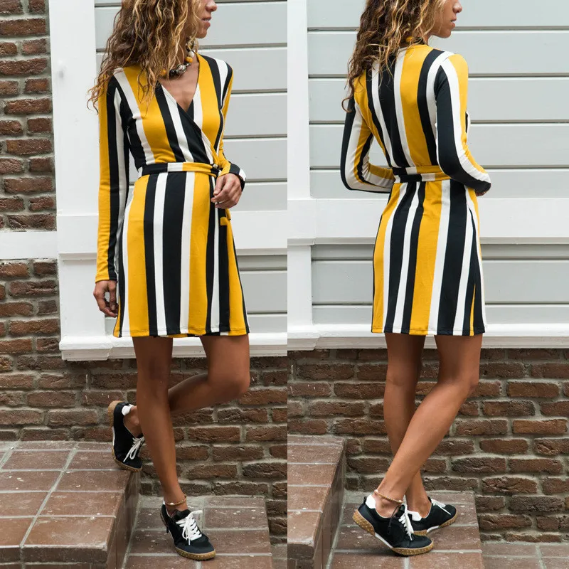 LOSSKY Sexy Deep V-neck Women's Dress Spring Autumn Casual Long Sleeve Tunic Dresses Fashion Elegant Belt Striped Vacation Dress
LOSSKY Sexy Deep V-neck Women's Dress Spring Autumn Casual Long Sleeve Tunic Dresses Fashion Elegant Belt Striped Vacation Dress