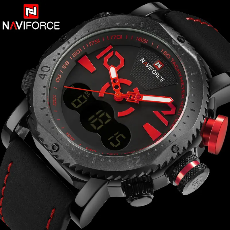 

NAVIFORCE Brand Men Sport Watch Dual Display Digital Watch Leather Quartz Watch Red 30M Waterproof Wristwatches Reloj Hombre