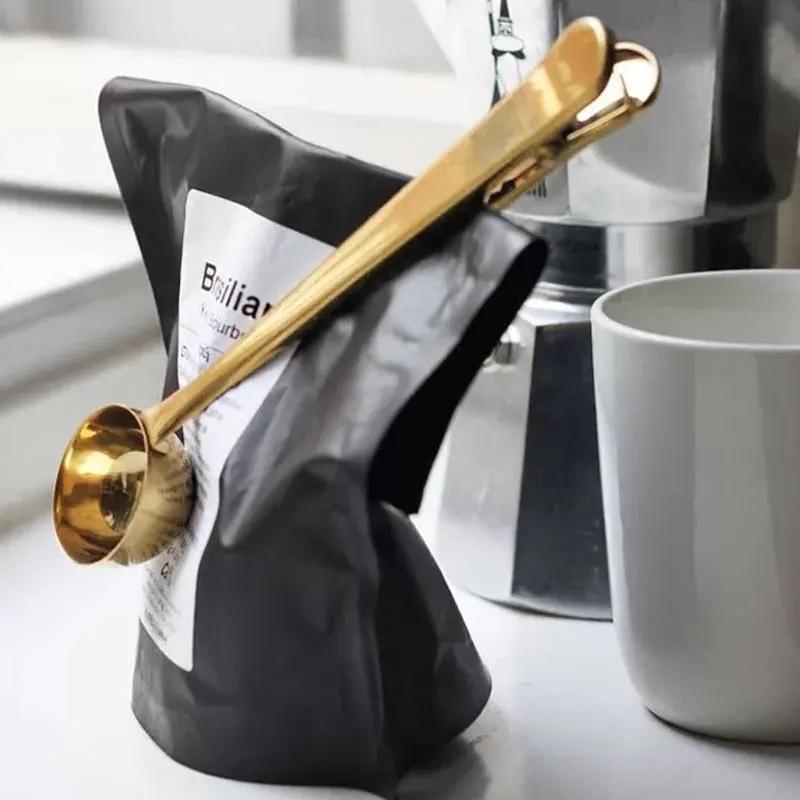 Gold Stainless Steel Coffee Scoop Multifunctional Bag Sealing Clip Ground Coffee Spoon Drinkware Tools 7A0556
Gold Stainless Steel Coffee Scoop Multifunctional Bag Sealing Clip Ground Coffee Spoon Drinkware Tools 7A0556