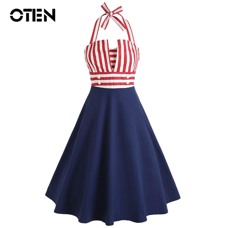 OTEN Women 2019 Striped Halter Pin Up Summer Sleeveless Knee Length Female Vintage Patchwork Party Dress Backless vestido midi
OTEN Women 2019 Striped Halter Pin Up Summer Sleeveless Knee Length Female Vintage Patchwork Party Dress Backless vestido midi