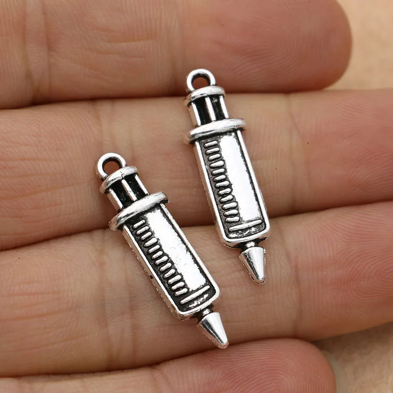 Фото KJjewel Antique Silver Plated Syringe Injector Charms Pendants for Jewelry Making Bracelet Accessories Diy 27x8mm 10pcs/lot | Украшения и