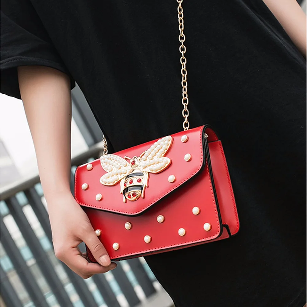 

Women Brand Desinger Rhinestones Bee PU Leather Shoulder Bag Small Crossbody Bag with Chain For Girls Ladies Bag Bolso Mujer 219