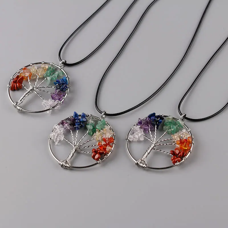 

New Rainbow 7 Chakra Amethyst Tree Of Life Quartz Pendant Necklace For Women Multicolor Wisdom Tree Natural Stone Jewelry Gift