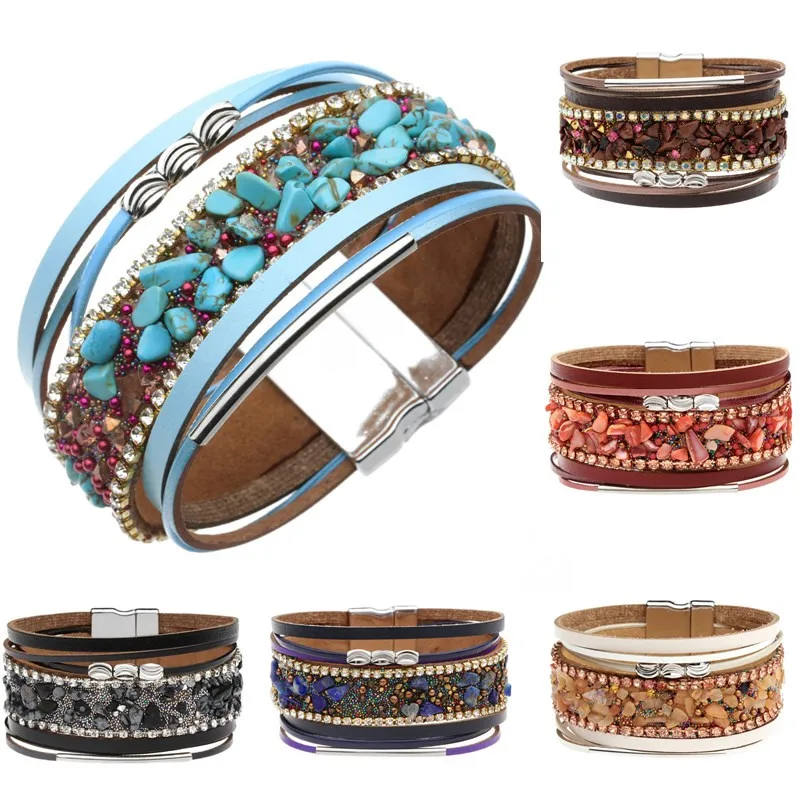 

ZOSHI Bohemian Leather Bracelets for Women Fashion Ladies Natural Stone Strips Multilayer Wide Wrap Bracelet Female Jewelry Gift