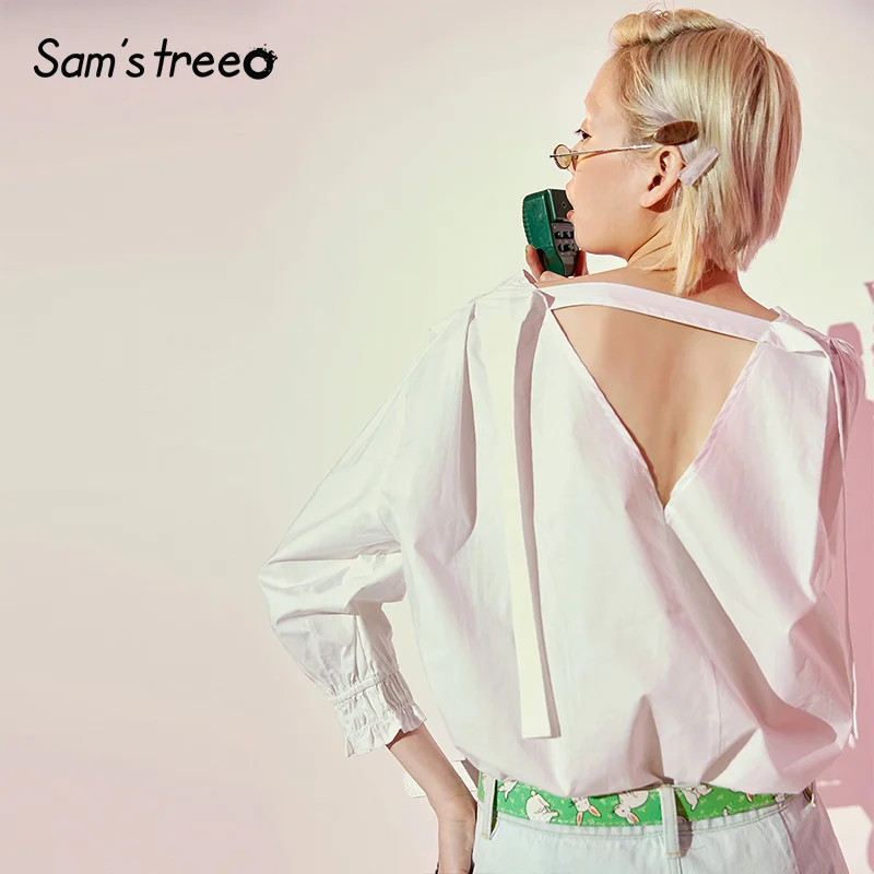 Samstree White V-Neck Women Shirt Fashion Sexy Backless Office Lady Tops 2019 Summer Solid Casual Sleeve Female Blouses
Samstree White V-Neck Women Shirt Fashion Sexy Backless Office Lady Tops 2019 Summer Solid Casual Sleeve Female Blouses