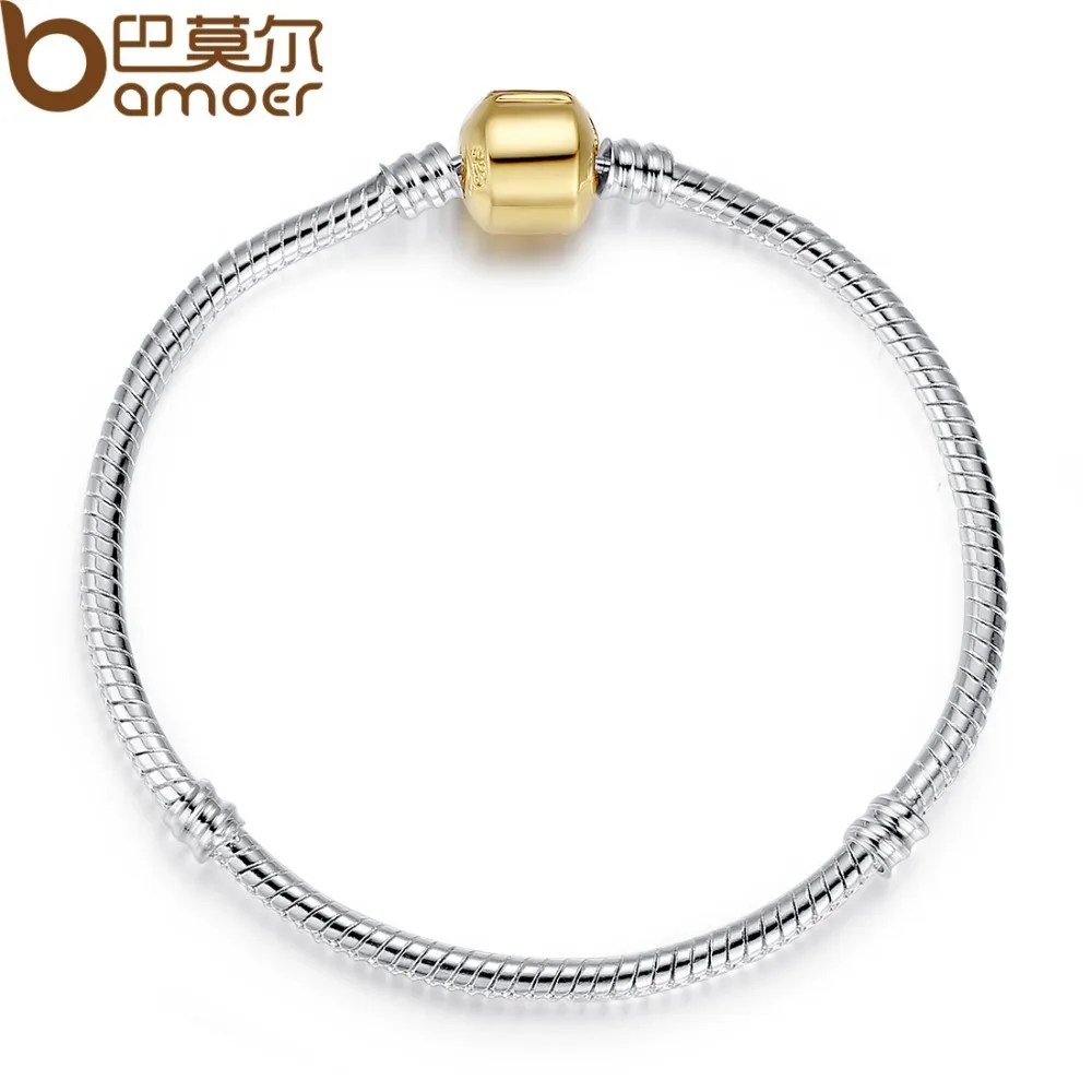 

European Silver Snake Chain Bracelet with Barrel Clasp fit for Bead Charms 18CM 20CM 21CM PA9001 BAMOER